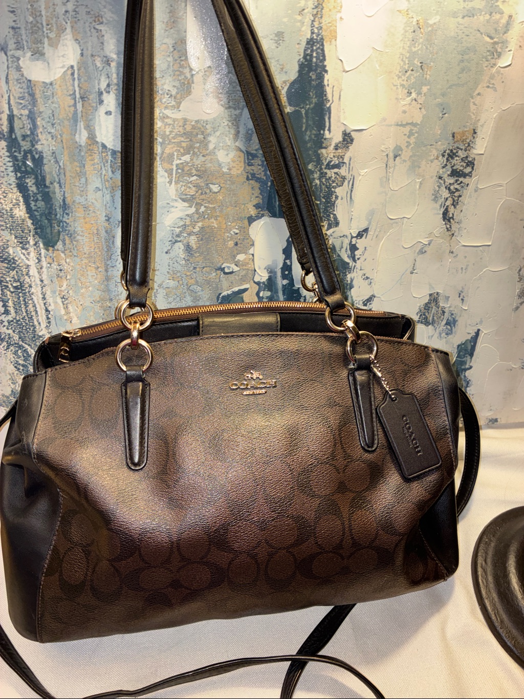 Genuine Coach Christy Brown And Black Signature Tote With Black Leather Trim